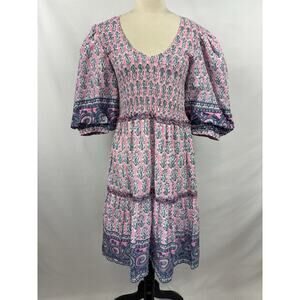 Lola Australia Athena Nap Dress Pink Blue Floral XS 8 AU Smocked Puff Sleeves